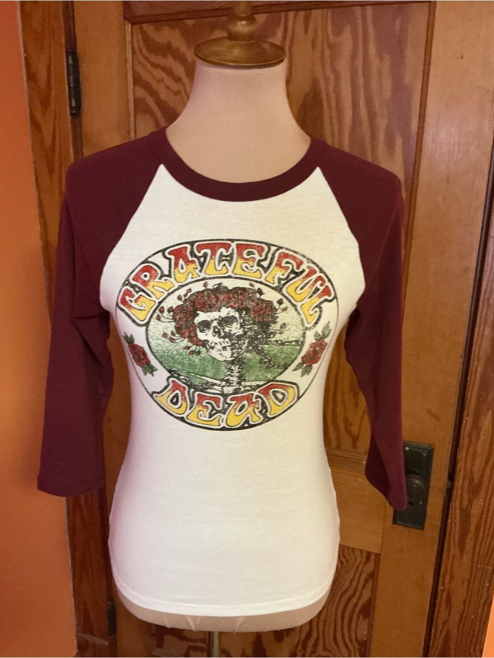 Grateful Dead Dancing Skeleton Roses Raglan Baseball Tee Shirt M Burgundy - Picture 6 of 7